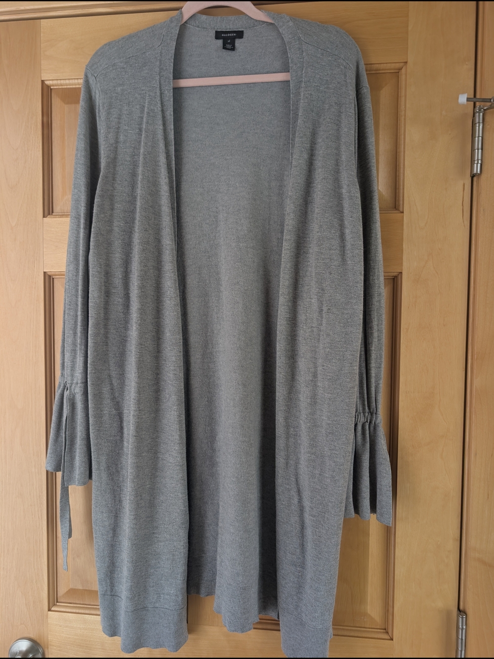 Halogen Gray Open-Front Knit Cardigan with Tie Cuff Sleeves